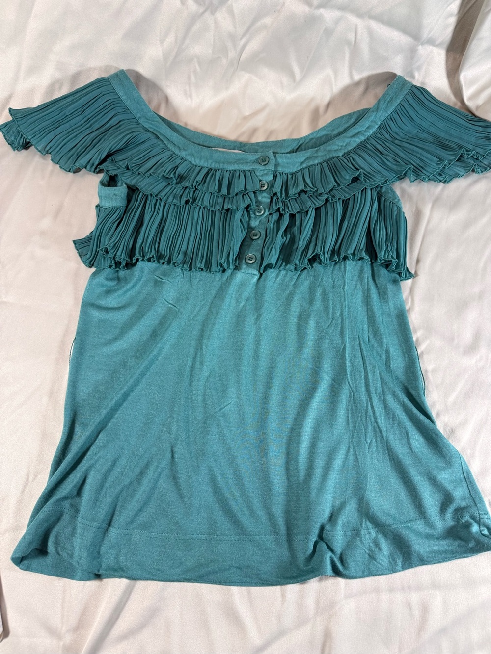 BCBGeneration Teal Ruffle-Front Blouse - Picture 3 of 8